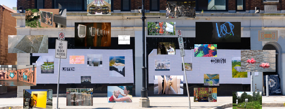 A collage of images from CAFKA exhibits over the past 25 years. Images of artwork are overlaid on an image of a sidewalk with wheatpaste artwork on the wall.