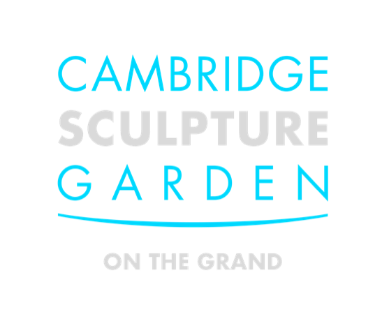 Blue and Grey text that says Cambridge Sculpture garden and in smaller text "on the grand"