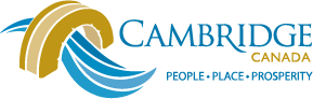 A yellow stone bridge over blue swoops of water. Cambridge logo with extra words of People, Place, and Prosperity