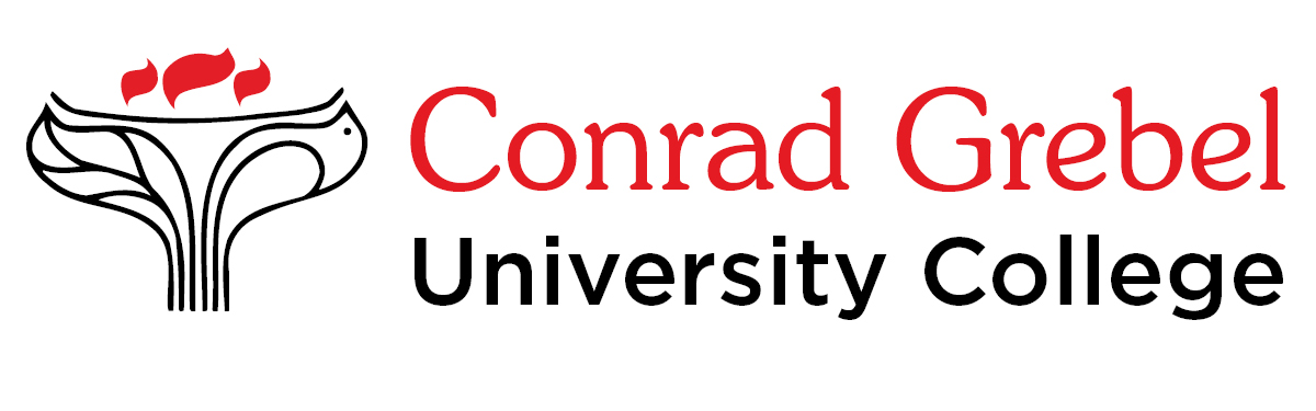 A torch made of a leaf and bird with three red flames above next to text that says Conrad Grebel University College