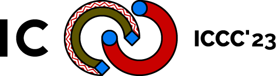 Black letters "I" and "C" following by interlocking Cs with red designs and blue tips 