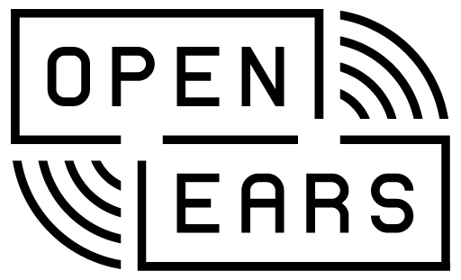Text that says Open and Ears, both partially bookended by stylized lines that might indicate vinyl records