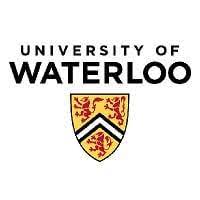 Black text University of Waterloo above yellow crest shield with three red griffons split by a white chevron