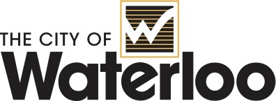 City of Waterloo black text underneath a black and yellow square with a white W