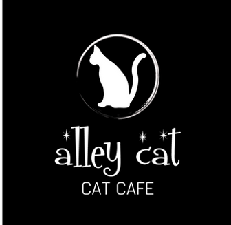 A left-facing sitting cat silhouette in a circle above text that says "Alley Cat Cat Cafe"