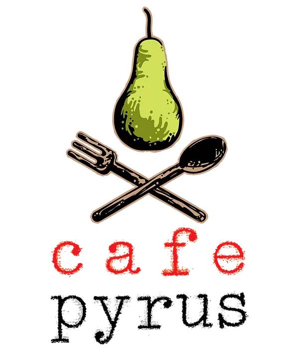 Cafe Pyrus logo with a green pear over a crossed fork and spoon.