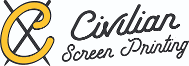 Yellow letter C crossed by tapestry needles, and flowing text of the Civilian screen printing name.
