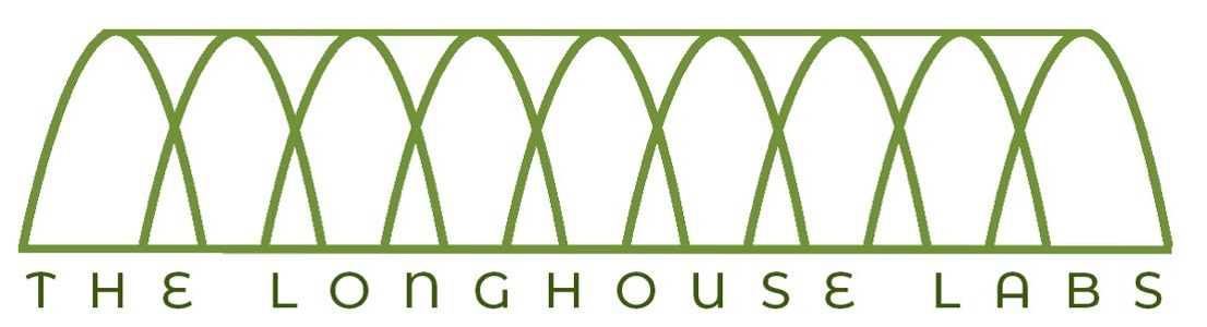 Many consecutive overlapping green arches with a long line across the top and bottom to reference a longhouse building. Underneath is text that says "The Longhouse Labs"