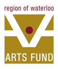 Dark yellow square background with a red dot flanked by two capital A letters. Red text above says region of waterloo, white text on the square says arts fund