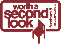Worth A Second Look red logo text with a simple chair